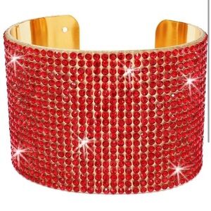 Ruby Red BLING Pave Crystal rhinestone Bangle cz Cuff Statement Bracelet Gold